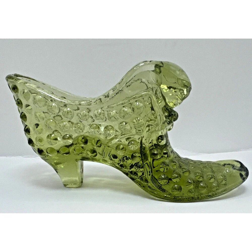 VTG USA Fenton Colonial Green Hobnail Slipper Shoe Ruby Red Daisy and Button